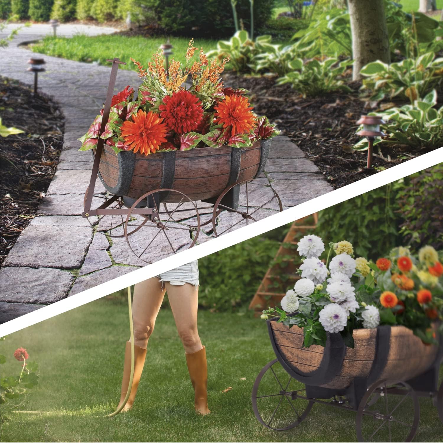 Blumenwagen aus Whiskyfass – Garten-Pflanzschubkarre als rustikale Deko für Terrasse & Garten Rustikaler Blumenwagen aus Whiskyfass – Garten-Pflanzschubkarre als dekorativer Pflanzständer