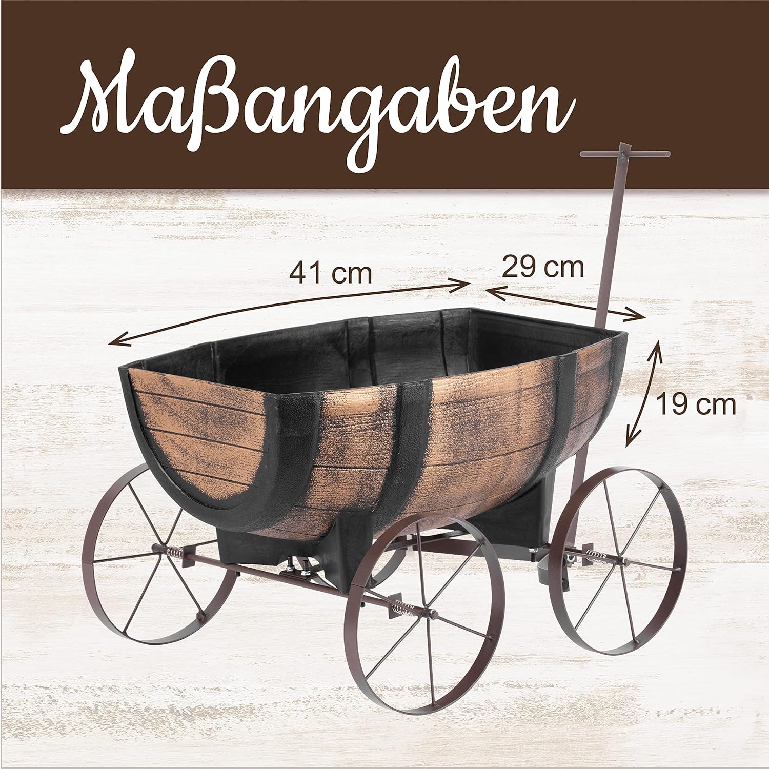 Blumenwagen aus Whiskyfass – Garten-Pflanzschubkarre als rustikale Deko für Terrasse & Garten Rustikaler Blumenwagen aus Whiskyfass – Garten-Pflanzschubkarre als dekorativer Pflanzständer