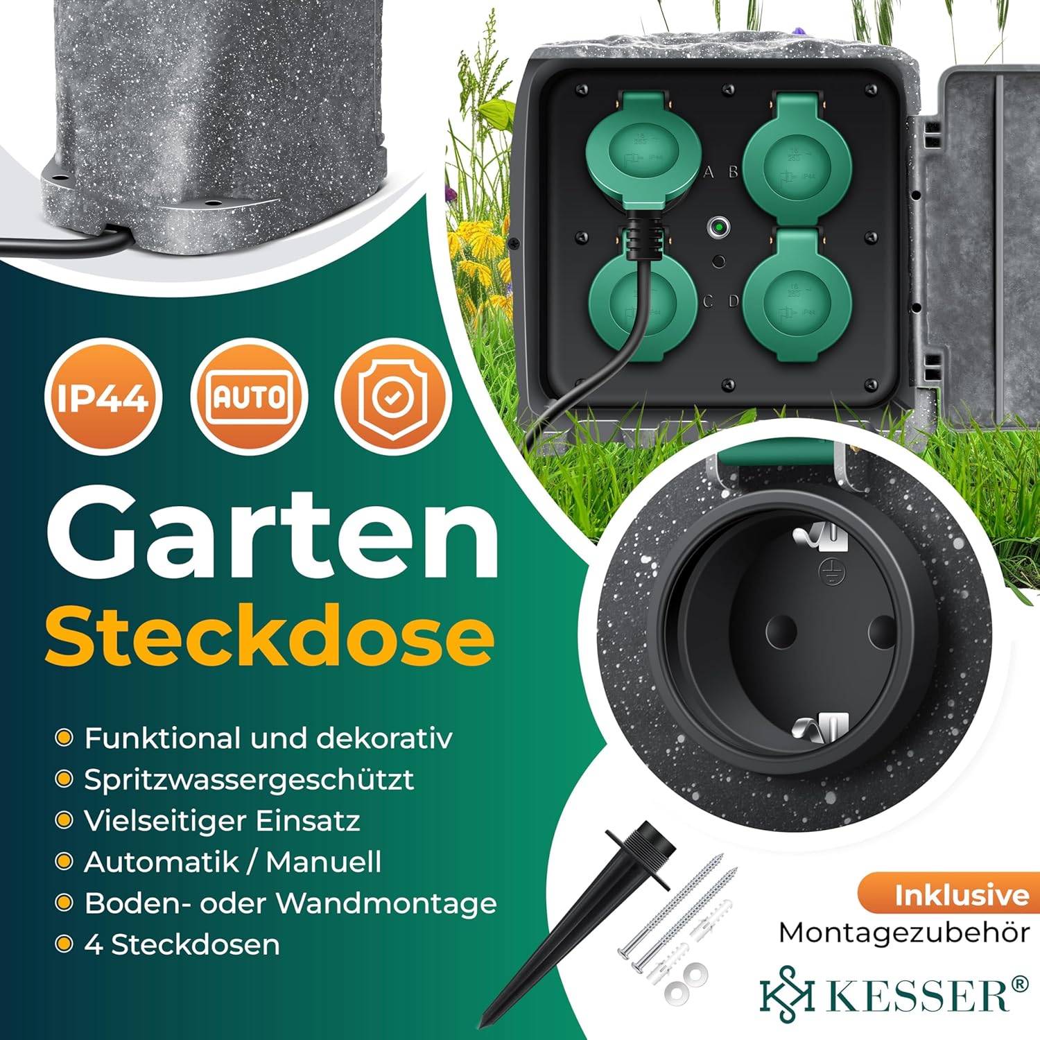 KESSER Gartensteckdose Steinoptik – robuste Außensteckdose für Terrasse & Garten KESSER Außensteckdose in Steinoptik – wetterfeste Gartensteckdose mit mehreren Steckplätzen für Außenbereich