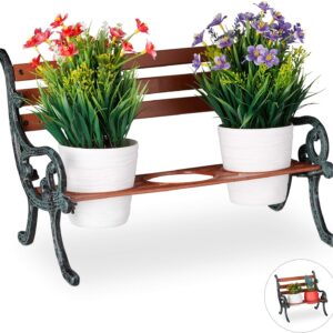 Relaxdays Mini Blumenbank aus Gusseisen und Holz – dekorativer Blumenständer für Garten, Balkon oder Terrasse mit Platz für 3 Blumentöpfe