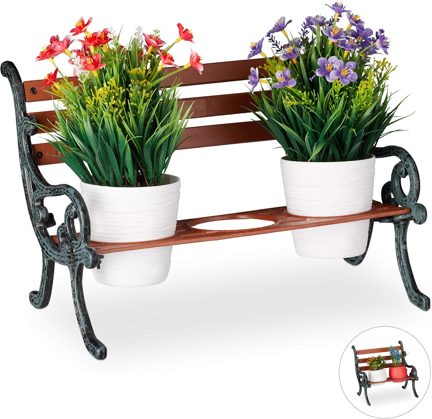 Relaxdays Mini Blumenbank – Gusseiserne Deko-Bank für 3 Blumentöpfe, Garten & Balkon Relaxdays Mini Blumenbank aus Gusseisen und Holz – dekorativer Blumenständer für Garten, Balkon oder Terrasse mit Platz für 3 Blumentöpfe