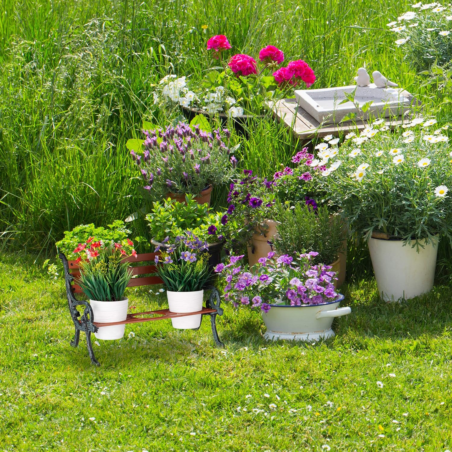 Relaxdays Mini Blumenbank – Gusseiserne Deko-Bank für 3 Blumentöpfe, Garten & Balkon Relaxdays Mini Blumenbank aus Gusseisen und Holz – dekorativer Blumenständer für Garten, Balkon oder Terrasse mit Platz für 3 Blumentöpfe