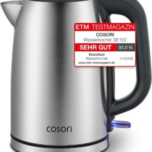 COSORI Wasserkocher Edelstahl mit Strix-Technologie und Trockengehschutz in Silber Schwarz